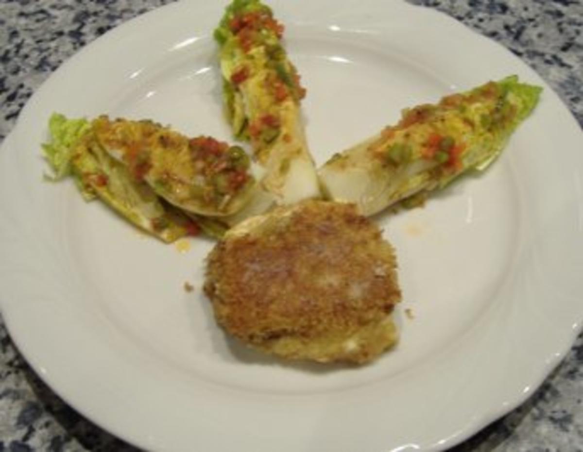 Ziegenkäse mit Zucchini,Walnuß-Parmesankruste und Salatherzen - Rezept