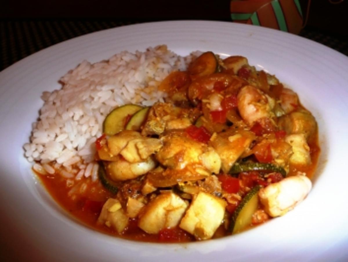 Fisch Curry mit Gemüse und Pilze - Rezept