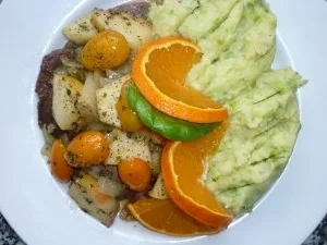 Kalbsleber mit Erbsenpüree und Apfel - Kumquatsgemüse - Rezept