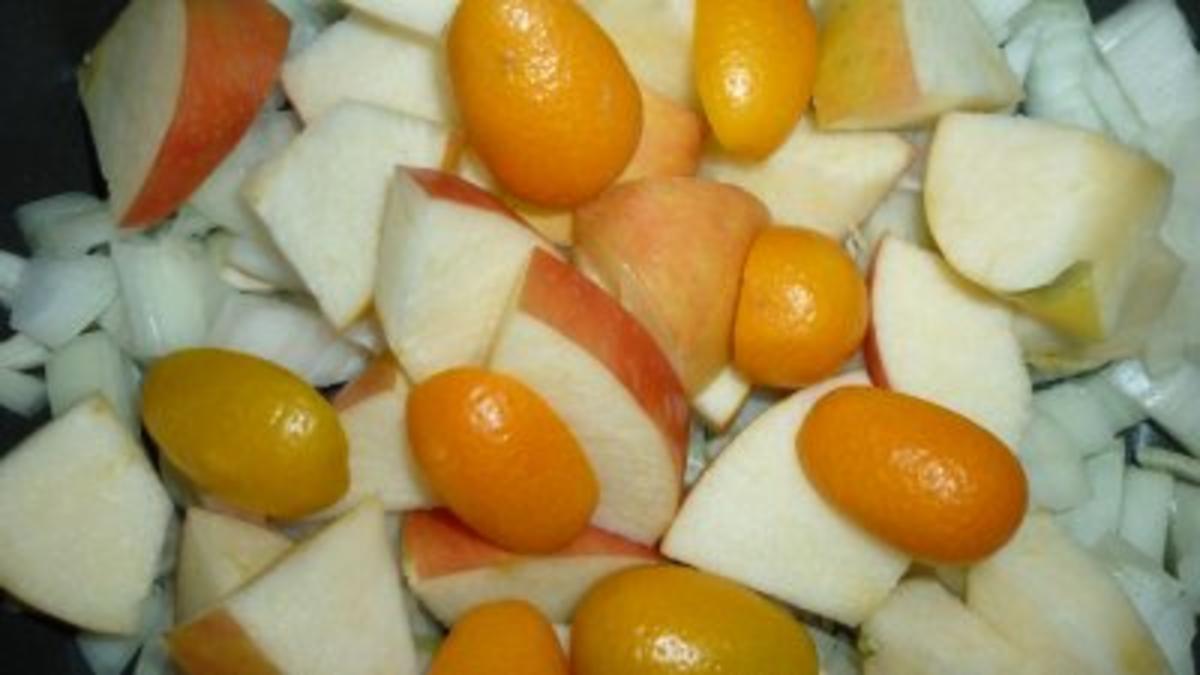 Kalbsleber mit Erbsenpüree und Apfel - Kumquatsgemüse - Rezept - Bild Nr. 2
