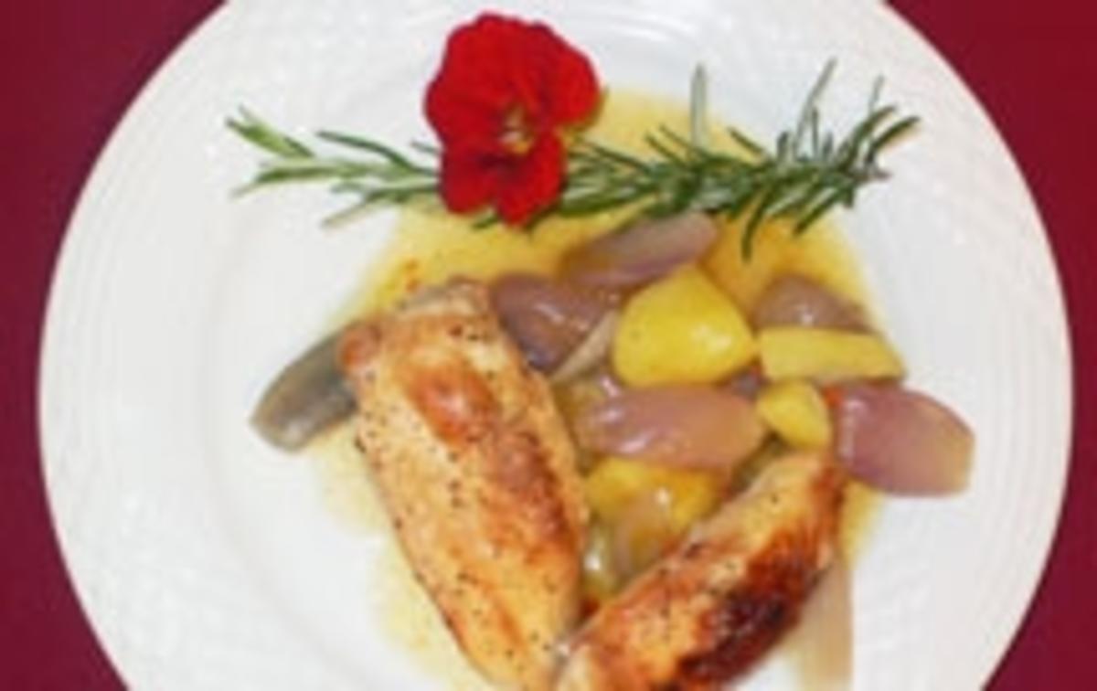 Spanisches Hähnchen im Topf mit Schalotten und Kartoffeln süßsauer ...