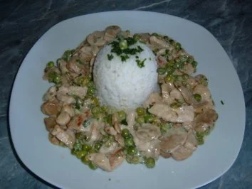 Rezept: Fleisch : Erbsen-Pfanne mit Schnitzelstreifen Fleisch : Erbsen-Pfanne mit Schnitzelstreifen - Rezept