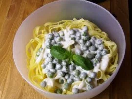 Schinken-Sahnesoße mit Erbsen - Rezept