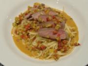 Spaghetti mit Lammrückenfilet und Paprikaschaum - Rezept