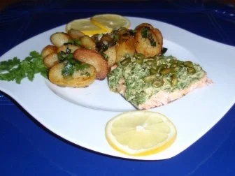 Saiblingsfilet mit Kräuterhaube und Bratkartöffelchen - Rezept - Bild Nr. 6