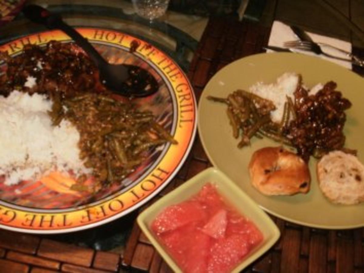 Rindfleisch- Orangenschale  Rindfleisch Streifen mit Reis und Ingwer Bohnen - wer gerne Orientalisch isst liebt das - Rezept