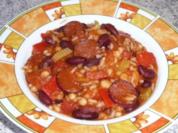 Eintopf: Zweierlei Bohnen mit Reis und Cabanossi - Rezept