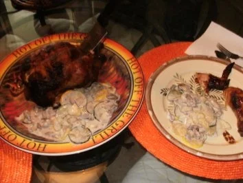 Gemuesse- Pilze Zucchini Stroganoff - mit Amerikanischem  BBQ vom Grill Huhn oder Steak - Ich servierte Huhn damit - Rezept