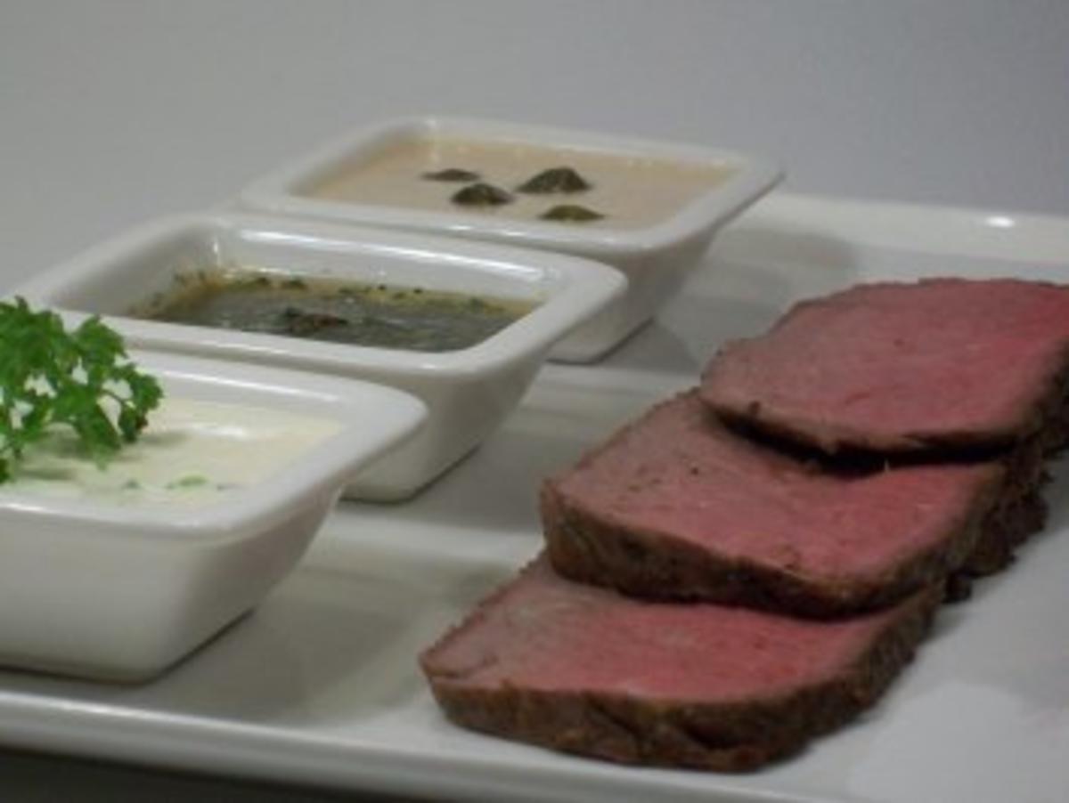 US-Roastbeef mit bengalischem Pfeffer und dreierlei Saucen - Rezept ...