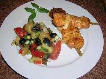 Filetspieße mit Tofu und sardischem Kartoffelsalat   (sehr frisch und lecker) schnell zubereitet - Rezept - Bild Nr. 3