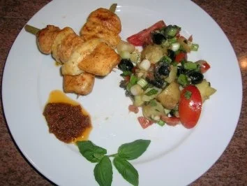 Filetspieße mit Tofu und sardischem Kartoffelsalat   (sehr frisch und lecker) schnell zubereitet - Rezept