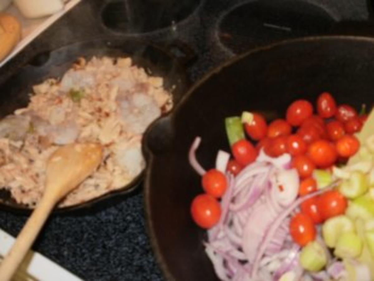 Shrimps mit Huhnfleisch- Fleisch Reste mit Gemuese und Reis und Sosse - 180 Kalorien -Fettarm - Rezept - Bild Nr. 3
