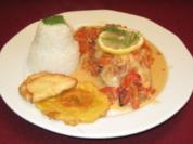 Zackenbarschfilet auf Kokosnusssoße mit Reis, Bananen und Yucca - Rezept