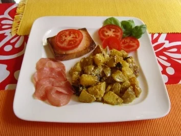 Curcumakartoffel mit Putenleberkäs... - Rezept