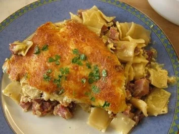 Überbackene Schinkenfleckerln - Rezept