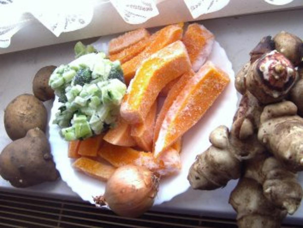 Topinambur-Kürbis-Broccoli-Gemüse mit Stiefmütterchen - Rezept - Bild Nr. 5
