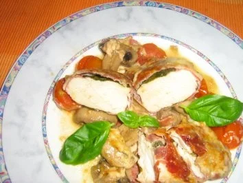 Rezept: Hähnchenbrust in Basilikum Schinken verpackt mit Champignon-Tomaten Gemüse Bild Nr. 9 Hähnchenbrust in Basilikum Schinken verpackt mit Champignon-Tomaten Gemüse - Rezept - Bild Nr. 9