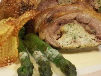 gefüllte Entenkeulchen mit karamellisiertem Spargel, Gitterkartoffeln und Parmesan-Prosecco-Sauce - Rezept - Bild Nr. 4