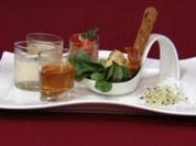 Suppen-Trilogie, dazu Feldsalat, Mousse aus Strauchtomaten und Black Tiger Prawns (Gracia Baur) - Rezept