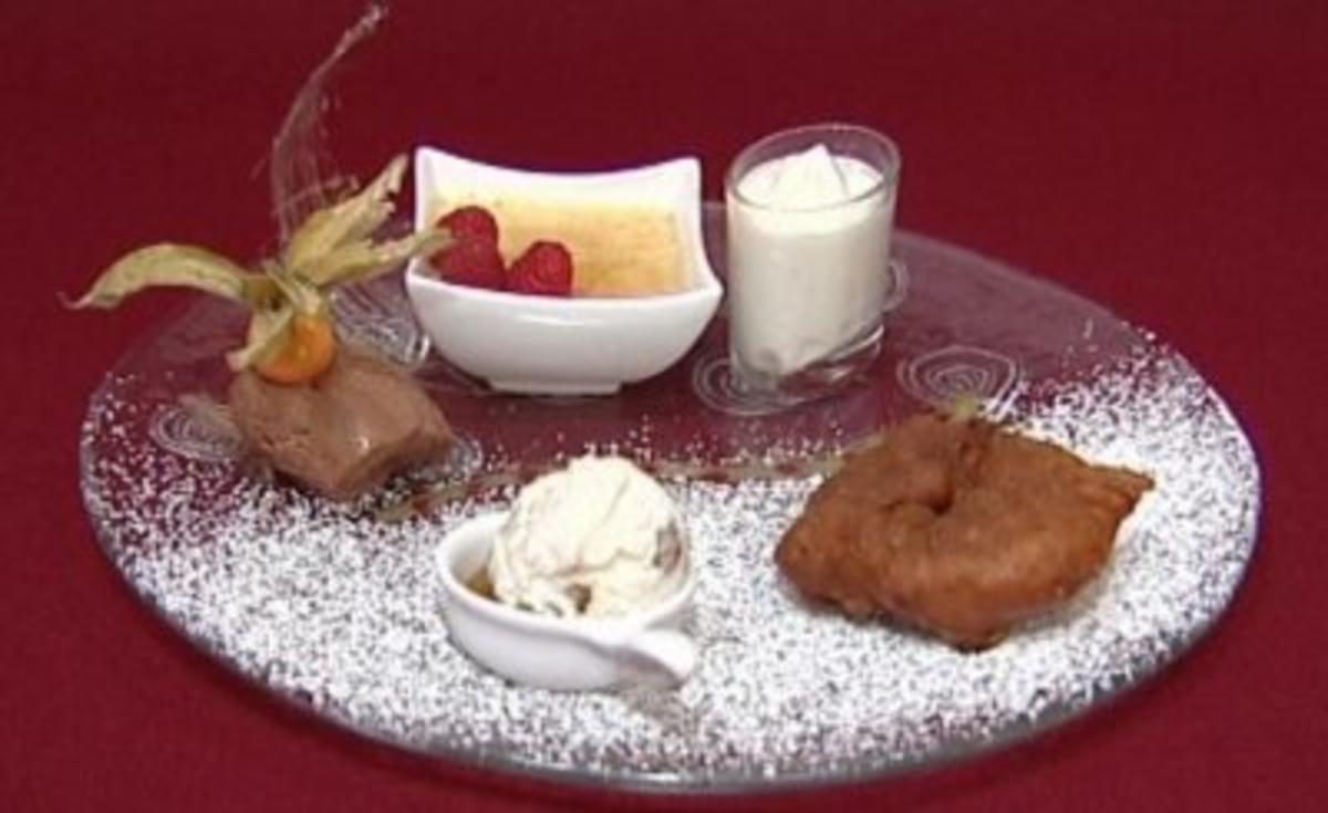 Apfelküchlein, Walnusseis mit Amaretto, Mousse au Chocolat, Crème ...
