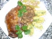 Orangige Gänsekeulen mit Maronen-Dattelsauce an Salzkartoffeln - Rezept