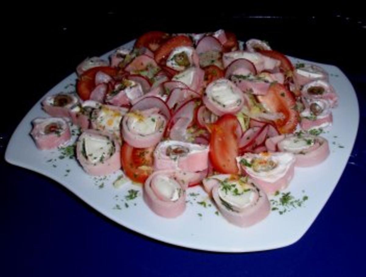 Bilder für Abend-Feinschmecker-Salat mit gefüllten Schinkenröllchen - Rezept