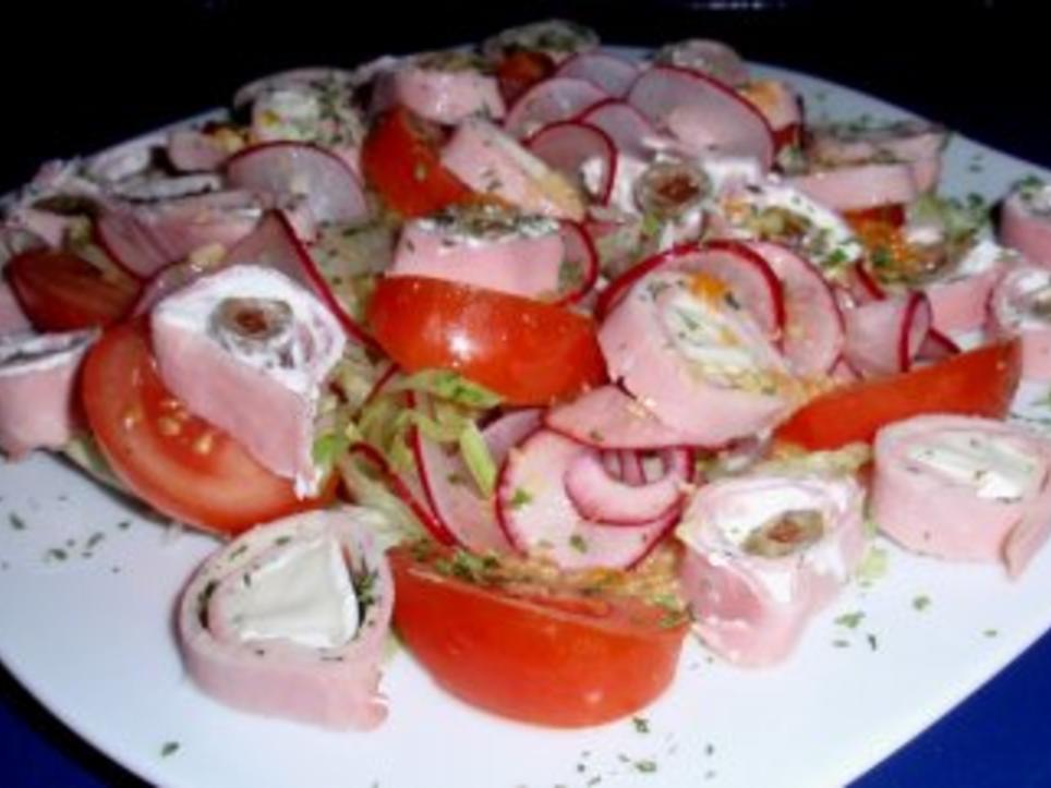 Abend-Feinschmecker-Salat mit gefüllten Schinkenröllchen - Rezept ...