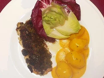 Rezept: Rotbarsch in Estragonkruste mit Safrankartoffeln Rotbarsch in Estragonkruste mit Safrankartoffeln - Rezept