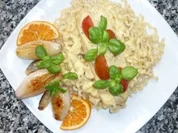 Lachs mit Orangen- Ziegenkäserahm an Fussili Lunghi und Pernod-Schalotten - Rezept