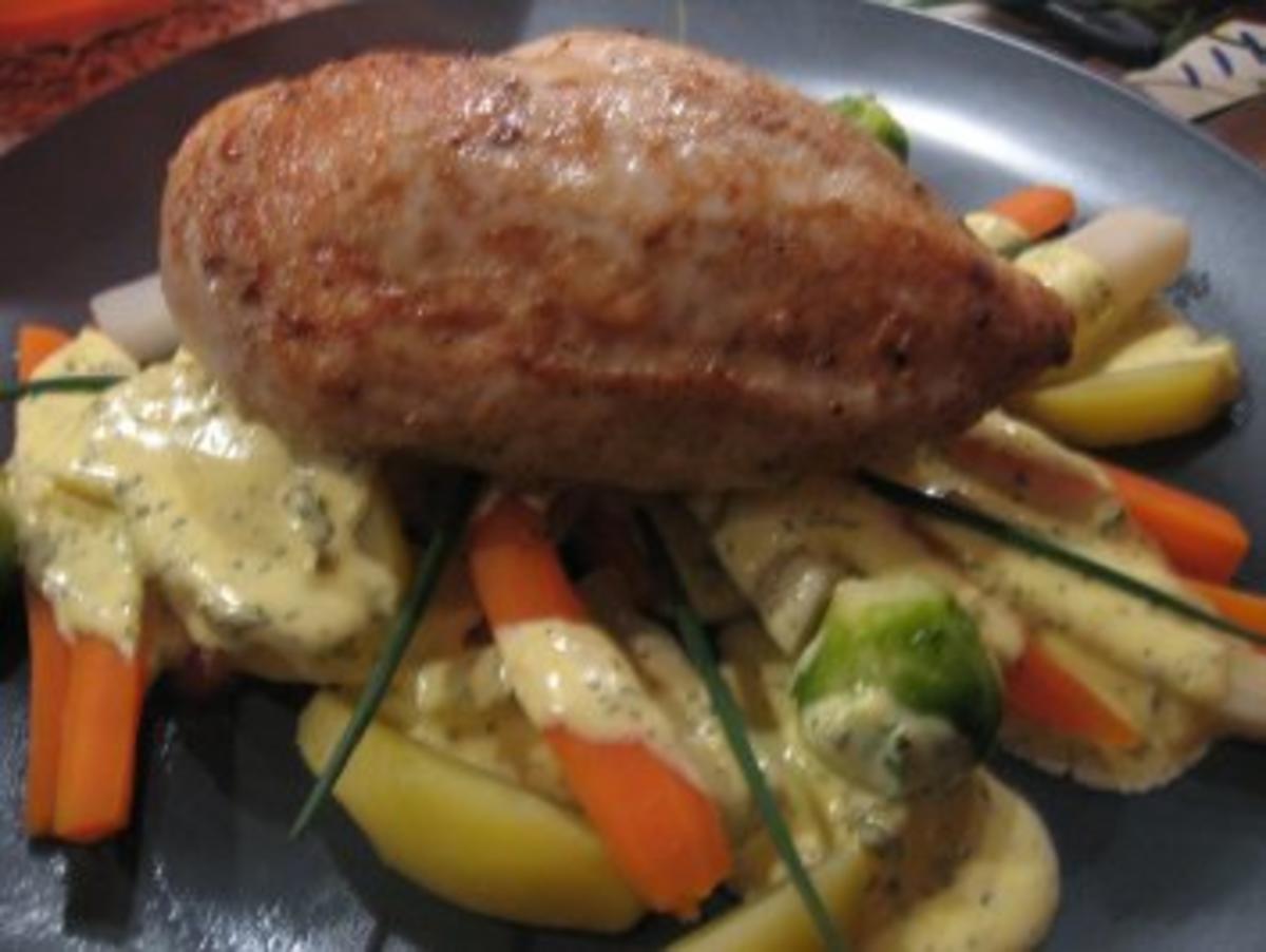 Zarte Hähnchenbrust auf Gemüsebett mit Sauce Bernaise - Rezept - Bild Nr. 4