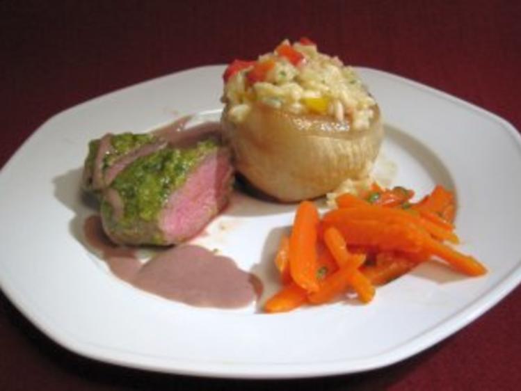 Lammlachse mit Pistazien Pecorino Kruste und gebackenen Risottozwiebeln ...