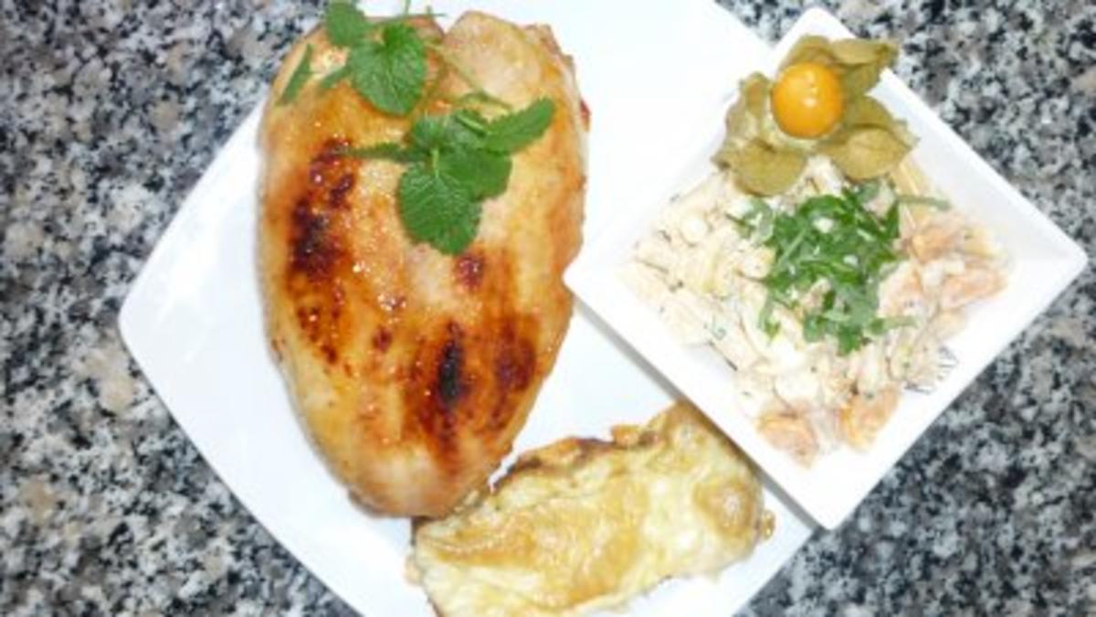 Ingwer-Chili-Hähnchen mit Physalis-Bohnensalat und überbackenem Trüffelbrot - Rezept