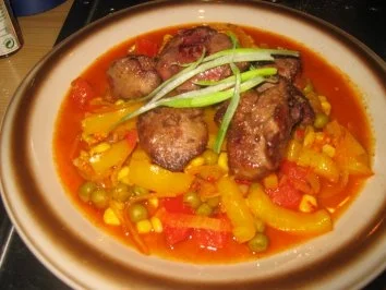 Rezept: Fleisch: Hähnchenleber auf scharfem Mexiko Gemüse Fleisch: Hähnchenleber auf scharfem Mexiko Gemüse - Rezept