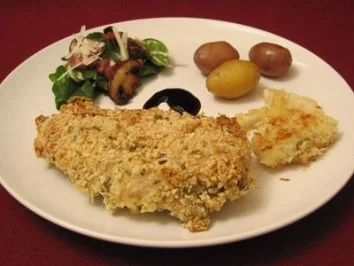 Rezept: Hähnchenbrust im Mandel-Kräuter-Mantel mit Fenchel und Baby-Spinatsalat Hähnchenbrust im Mandel-Kräuter-Mantel mit Fenchel und Baby-Spinatsalat - Rezept