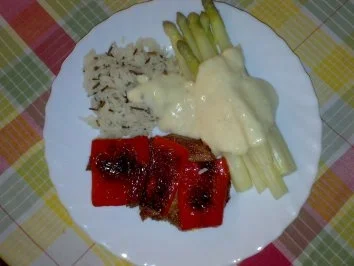Nackensteak mit gebratenem Paprika und Spargel - Rezept