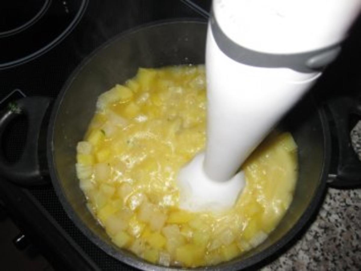 Kohlrabi-Kartoffel-Suppe mit feinen Lachsschinkenstreifen - Rezept - Bild Nr. 6