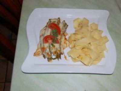 Putenschnitzel mit grünem Spargel und Mozzarella gratiniert - Rezept