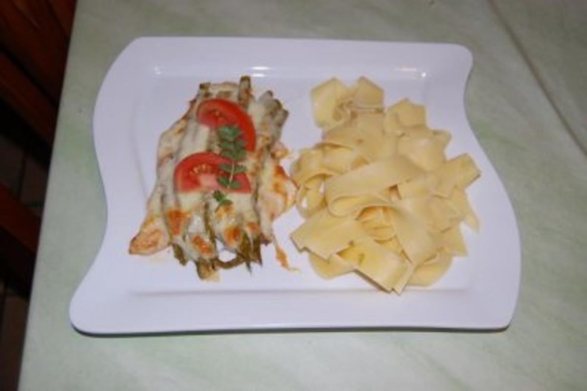 Putenschnitzel mit grünem Spargel und Mozzarella gratiniert - Rezept - Bild Nr. 5