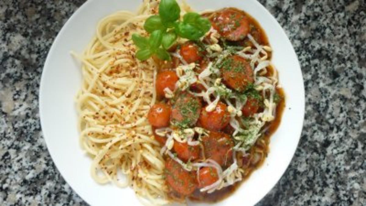 Cabanossi-Mungobohnen-Pfanne an Spaghetti - Rezept