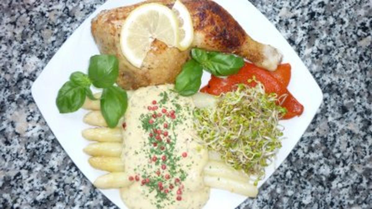 Zitronenhähnchen mit Spargel an Dijon-Kräuterhollandaise und Radieschensprossen - Rezept