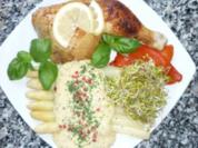 Zitronenhähnchen mit Spargel an Dijon-Kräuterhollandaise und Radieschensprossen - Rezept