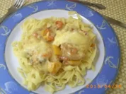 Mittagessen: Filetpfännchen überbacken mit Tagliatelle - Rezept