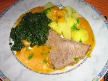 Rinderbraten mit Gemüse-Gorgonzolasauce an Blattspinat und Salzkartoffeln - Rezept - Bild Nr. 7