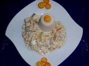 Spargel-Rotbarsch-Ragout in Kumquats-Sahnesoße und Reistürmchen - Rezept