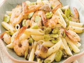 erster gang penne bohnen pilze und gamberi - Rezept