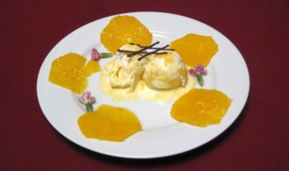 Orangencarpaccio mit Schuss an Pfirsich-Mango-Eis - Petit Amour - Rezept