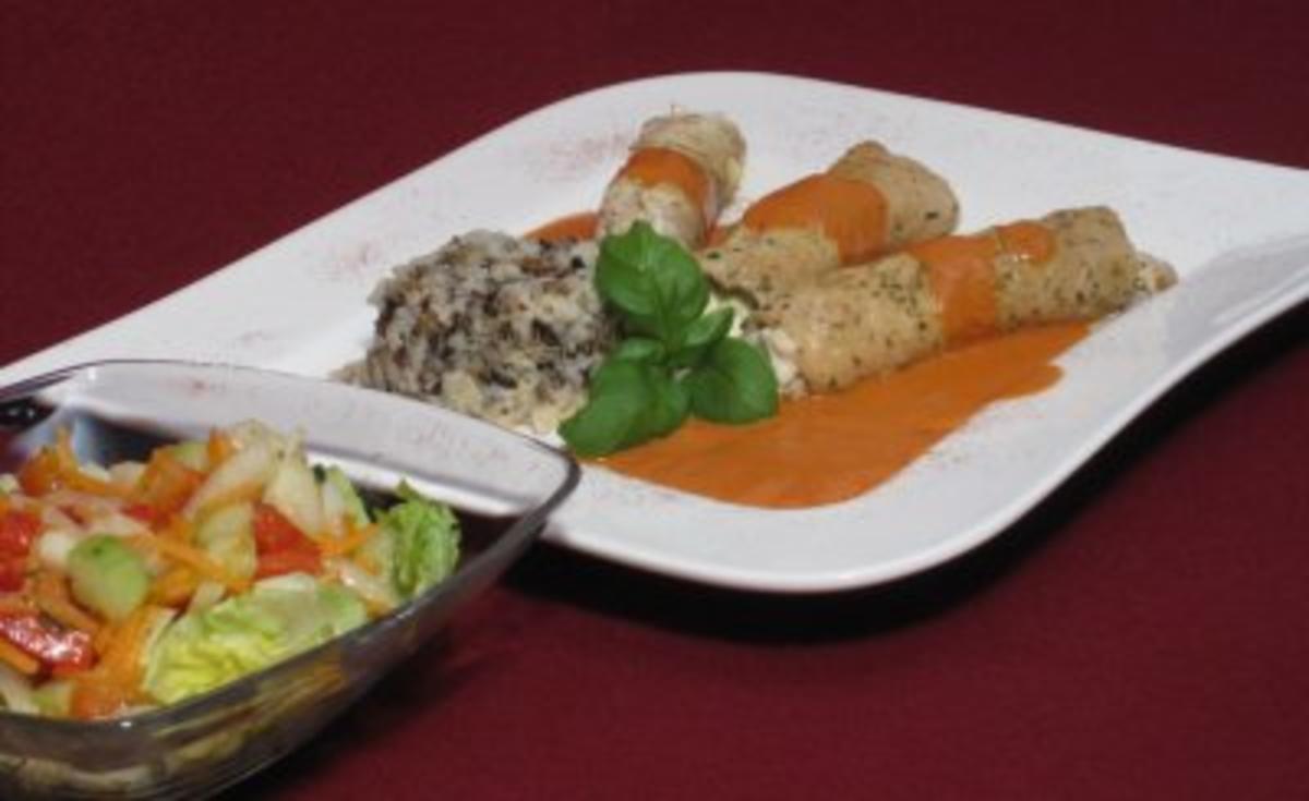Gefüllte Lachsbratenröllchen in Rüdis Soße mit Schuss, Wildreis und
Salat - Rezept Gesendet von Das perfekte Dinner