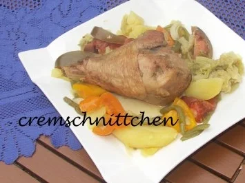 Rezept: Putenunterkeule im Gemüsebett Putenunterkeule im Gemüsebett - Rezept