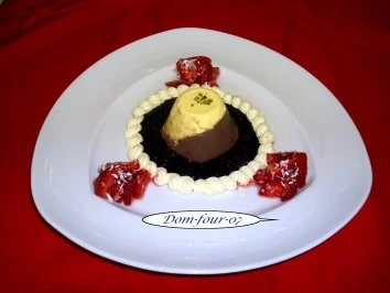 Rezept: Vanille-Schoko-Panna-Cotta auf Heidelbeerspiegel mit Erdbeerkokossalat & Sherry abgeschmec Vanille-Schoko-Panna-Cotta auf Heidelbeerspiegel mit Erdbeerkokossalat & Sherry abgeschmec - Rezept