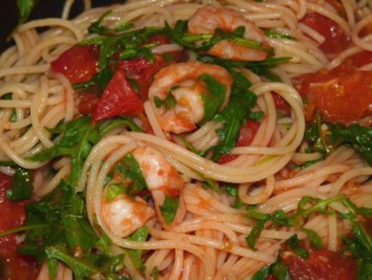 Meeresfrüchte/ Spaghetti mit Garnelen und Rucola - Rezept